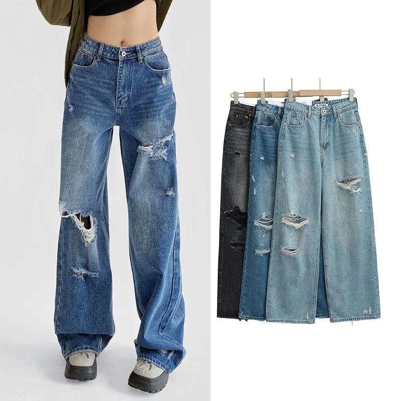 Women's Destroyed Jeans 2025 Spring Summer High Waist Loose Leg Floor-Length Distressed Denim Vintage Daily Staple